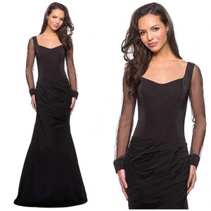 LA FEMME 25064 Black Jersey Ruched Sheer Sleeve Maxi Gown DRESS